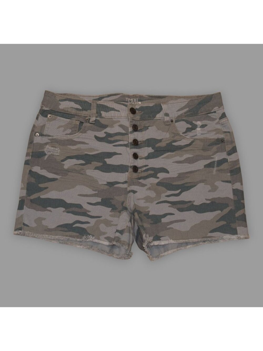 Time and Tru Women's Sz 16 High Rise Denim Green Camouflage Jean Shorts